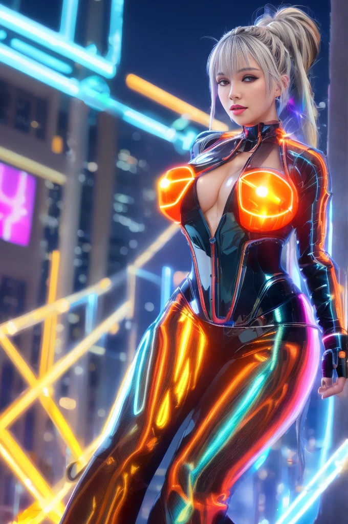 Cyber City at Night,(Gorgeous night view illumination:1.3),(Stand on the roof of a building:1.3)The actress is a very beautiful adult woman.......(Sexy super shiny orange transparent holographic mechanical cyberpunk suit:1.3) ,(Mechanical suit that lights up with brightly colored LEDs:1.3),Surrounded by a network of wires. Surrounded by a web of circuits.Sexy face, a necklace,piercings, Happy smile.Sexy Pose, (Silver hair、Ponytail twisted buns adorned with elaborate braids and beads,Braided Setup Fishbone Hair,),(Bangs are see-through bangs),(hair pin、poneyTail、Floating hair、),breast slip,(Emphasis on large breasts:1.3),profetional lighting,Cinematic Light,(masutepiece,top-quality,Ultra-high resolution output image,) ,(The 8k quality,),(Sea Art 2 Mode:1.3),,(Image Mode Ultra HD,)