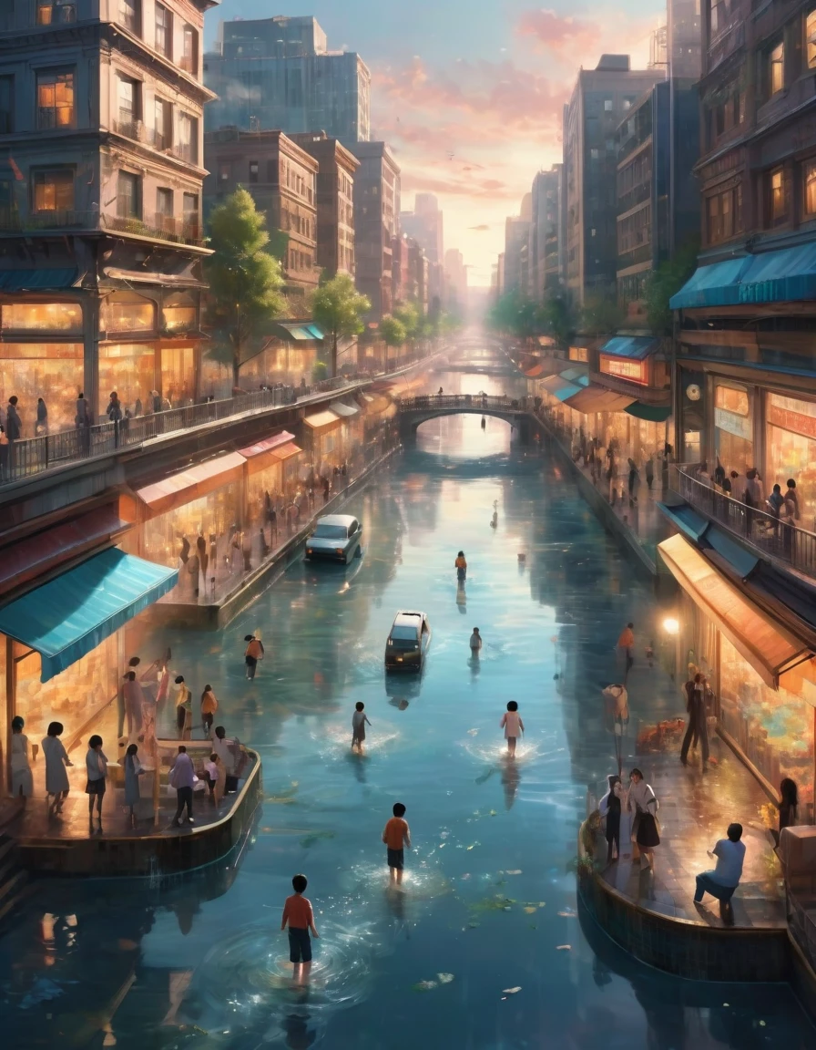 "An imaginative artwork that blends the bustling energy of a city during rush hour with the serene, nostalgic memories of childhood. In the scene, water cascades from an invisible source in the sky, flooding the streets filled with businesspeople rushing to work. As the water pours, it transforms into a dreamlike vision: young boys and girls are joyfully diving into a small, clear stream, their faces glowing with happiness. The edges of the cityscape blur, merging seamlessly with elements of a whimsical, surreal world. The buildings and streets are partially submerged in water, with reflections that hint at a different reality. The scene is bathed in soft, glowing light, with vibrant colors and ethereal, otherworldly textures, reminiscent of a dream. This artwork should evoke a sense of wonder and nostalgia, capturing the contrast between the mundane and the magical."