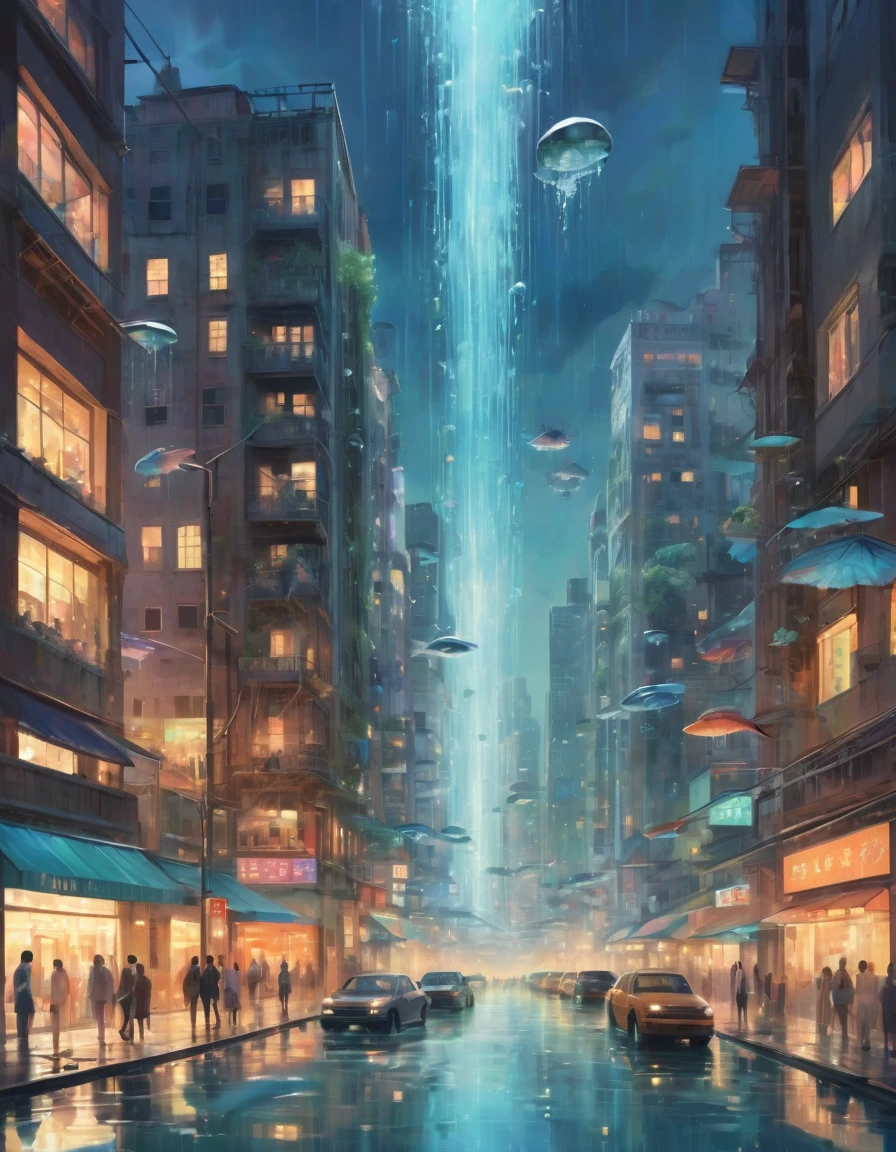 "An imaginative artwork that blends the bustling energy of a city during rush hour with the serene, nostalgic memories of childhood. In the scene, water cascades from an invisible source in the sky, flooding the streets filled with businesspeople rushing to work. As the water pours, it transforms into a dreamlike vision: young boys and girls are joyfully diving into a small, clear stream, their faces glowing with happiness. The edges of the cityscape blur, merging seamlessly with elements of a whimsical, surreal world. The buildings and streets are partially submerged in water, with reflections that hint at a different reality. The scene is bathed in soft, glowing light, with vibrant colors and ethereal, otherworldly textures, reminiscent of a dream. This artwork should evoke a sense of wonder and nostalgia, capturing the contrast between the mundane and the magical."