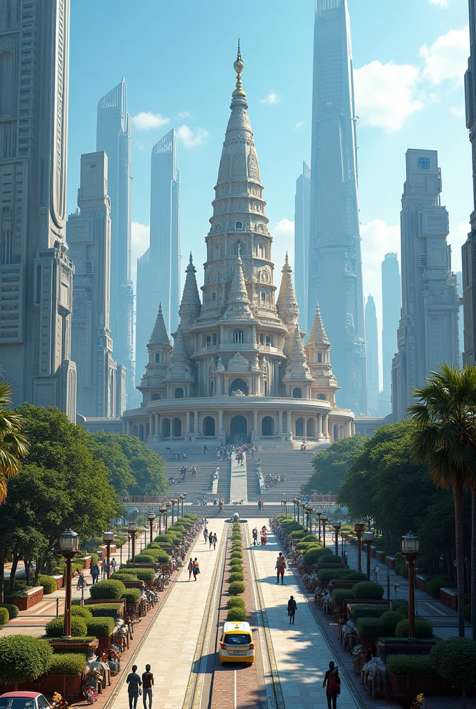 Create A futuristic city of india with a cultural addition of temple, and blue sky with a peaceful environment but with skyscrapers and with advanced technology