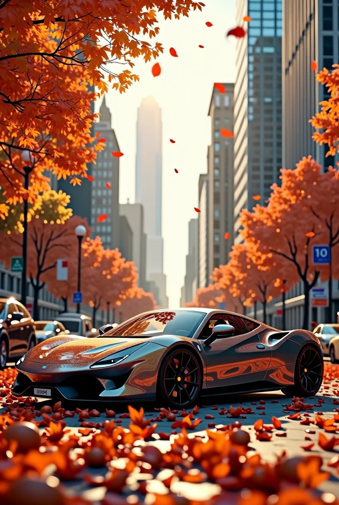 Skyline 32, Sports car parked on a street covered with fallen autumn leaves (City:1.3), fall, Global Illumination, Volumetric Lighting, best quality, Very detailed, Program Gateway, illustration, Octane Rendering,  