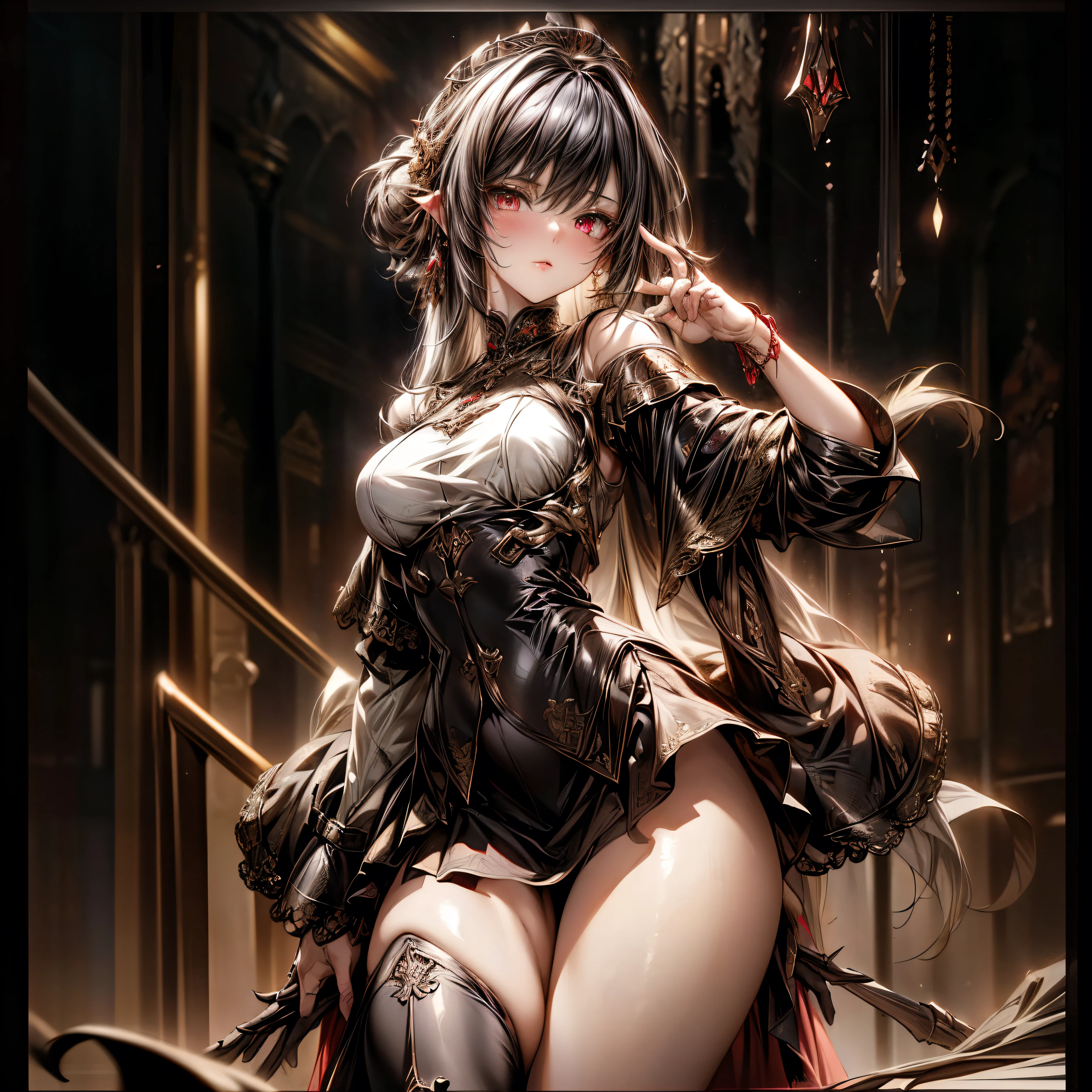 (best quality)), ((Masterpiece)), (details:1.4), 3d, HDR (high dynamic range), an image of a beautiful cyberpunk female, Fantasy, Medieval, Cyberpunk, Black hair, Curtain Bangs, Hips up, Beautiful White eyes, จมูกโด่ง, ปากแดง, หน้าอกใหญ่, nvidia RTX, PBR surface, After processing, Anisotropic filtration,depth of field, Maximum clarity and clarity, multi-layered surface, Subsurface scattering, perfect proportions, 8K raw files, ultra detailed, Perfect proportions, volumetric lighting, soft lighting, Holy Paldin, Heavy Golden Armor, Red dress, intricate Golden embroidery, glossy skin, Bed room Background, jewely, ต่างหู, นิ้วมือสมบูรณ์, mini red skirt,