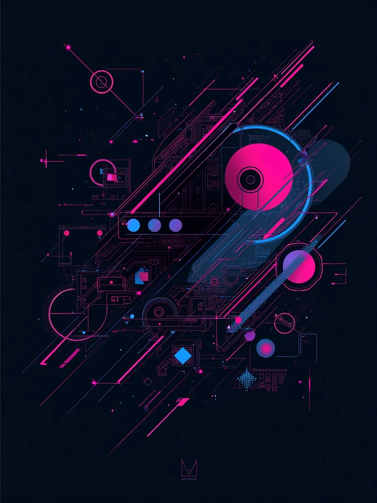 Minimalist abstract design for a t-shirt in a cyberpunk style. A sleek combination of clean lines, geometric shapes, and futuristic elements, using a limited color palette of black, neon blue, and neon pink. The composition should evoke a sense of high-tech and digital aesthetics, with subtle glitch effects and circuit-inspired patterns. The design should be transparent with no background, ready to be placed directly on the t-shirt fabric.