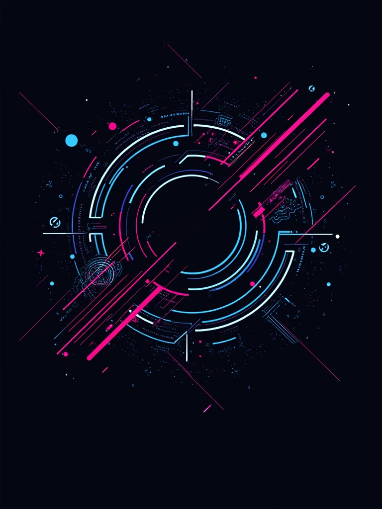 Minimalist abstract design for a t-shirt in a cyberpunk style. A sleek combination of clean lines, geometric shapes, and futuristic elements, using a limited color palette of black, neon blue, and neon pink. The composition should evoke a sense of high-tech and digital aesthetics, with subtle glitch effects and circuit-inspired patterns. The design should be transparent with no background, ready to be placed directly on the t-shirt fabric.