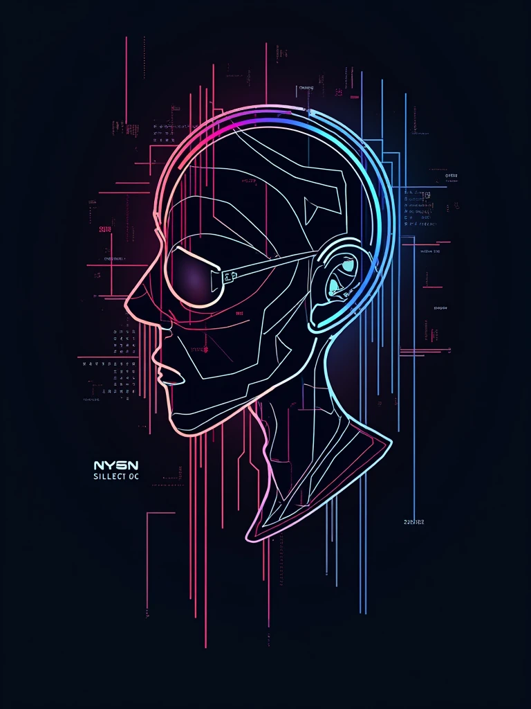 Minimalist abstract design for a t-shirt in a cyberpunk style. A sleek combination of clean lines, geometric shapes, and futuristic elements, using a limited color palette of black, neon blue, and neon pink. The composition should evoke a sense of high-tech and digital aesthetics, with subtle glitch effects and circuit-inspired patterns. The design should be transparent with no background, ready to be placed directly on the t-shirt fabric.