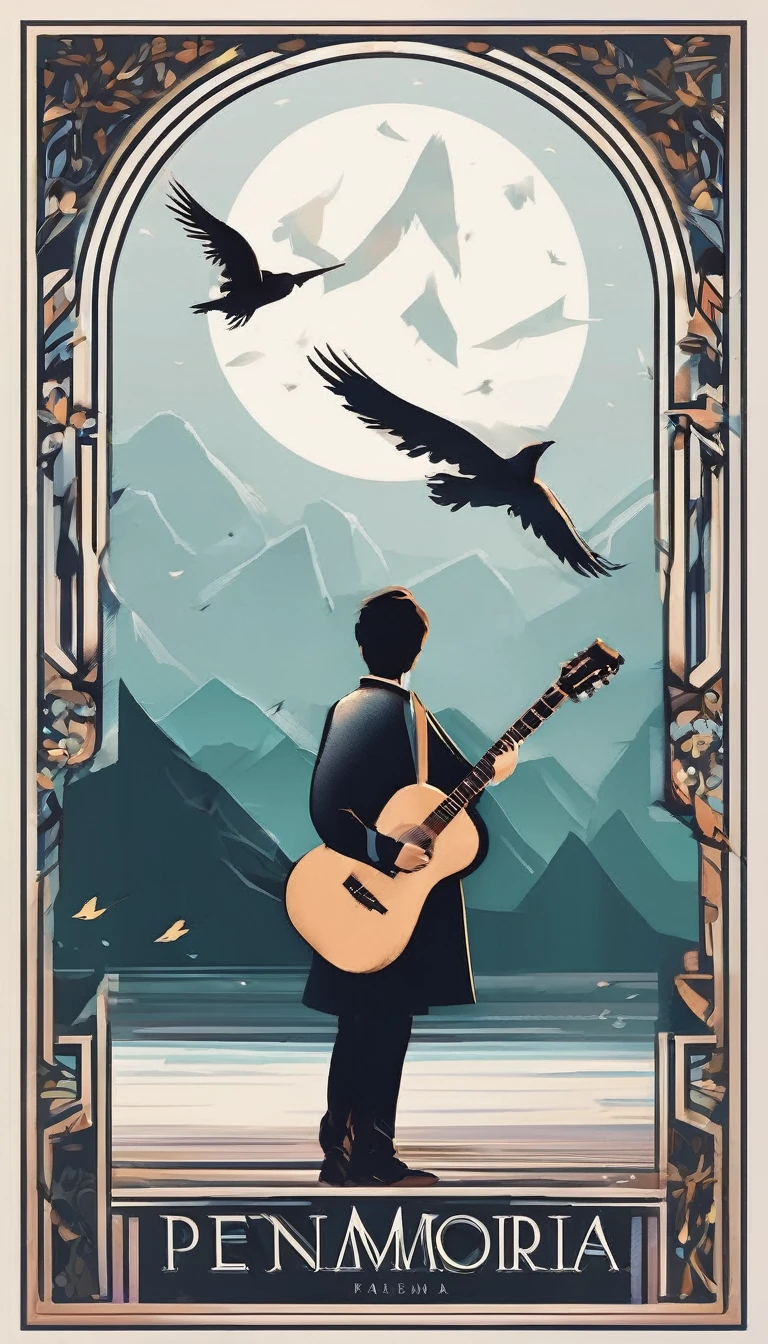 A minimalist, fantastic, poetic, dreamy, captivating, memorable, masterpiece, modern, simple logo design of a boy playing an acoustic guitar in an amazing, epic, fantasy, inspirational world of feathers, birds and stories. Logo design for a brand called“Penamemoria". The logo must convey a sense of music, stories and dreams. Minimalistic logo design. Cinematic, minimal, minimalistic white logo design.