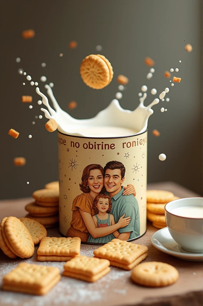 Picture of a box biscuit tin with writing "no obligation" on the can there is a picture of a mother and father and 2 children. There are square and round biscuits scattered outside and there is a cup of milk whose water splashes onto the biscuits dramatically. ,realistic,ultra HD