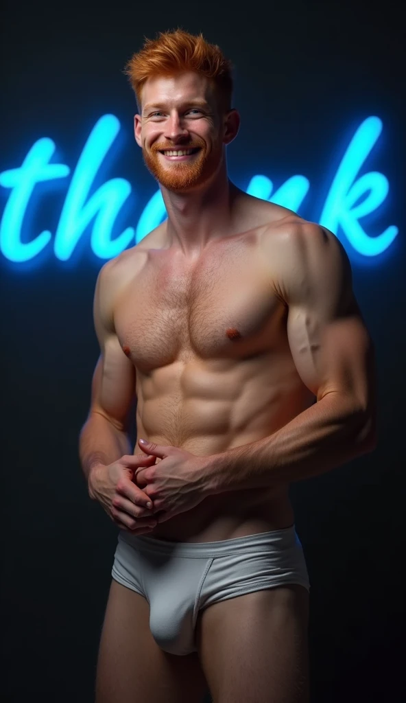 nsfw, gay, homoerotic, best quality, masterpiece, hyper realistic, extremely detailed, "Thank" text in blue neon lights in the background, huge bulge in extremely tiny white string jockstrap, extremely handsome ginger man, covers crotch, smile, half body, fill frame, dark cinematic lighting, extremely dramatic shadows, no background, perfect face, perfection, no signature, no logo