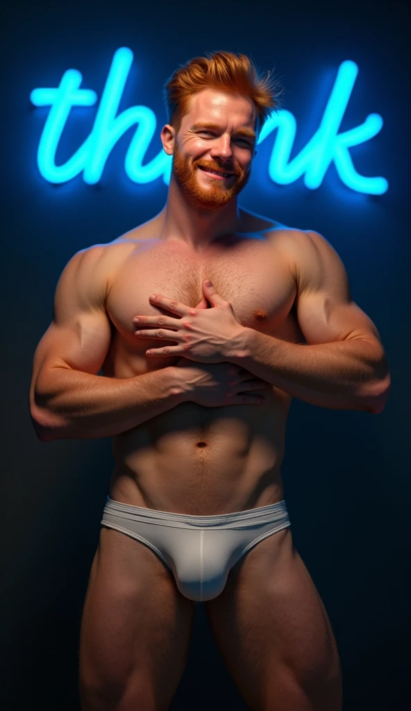 nsfw, gay, homoerotic, best quality, masterpiece, hyper realistic, extremely detailed, "Thank" text in blue neon lights in the background, huge bulge in extremely tiny white string jockstrap, extremely handsome ginger man, covers crotch, smile, half body, fill frame, dark cinematic lighting, extremely dramatic shadows, no background, perfect face, perfection, no signature, no logo