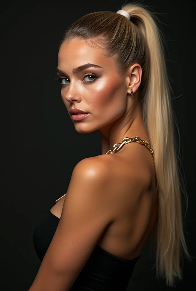 a very realistic and detailed portrait of beautiful french woman, tight black skirt perfect makeup, long sleek straight ponytail blonde hair, high quality, photorealistic, 8k, luxury, elegant, sophisticated, confident, studio lighting, cinematic, piercing eyes, full lips, sharp focus, olive skin 
