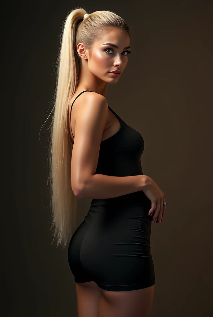 a very realistic and detailed portrait of beautiful french woman, tight black skirt perfect makeup, long sleek straight ponytail blonde hair, high quality, photorealistic, 8k, luxury, elegant, sophisticated, confident, studio lighting, cinematic, piercing eyes, full lips, sharp focus, olive skin 