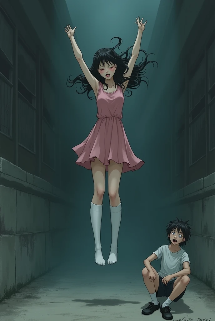 Scene of female student wearing white thigh high socks hanging herself to death , short pink dress, hovering in the air , a man sitting on the ground in panic