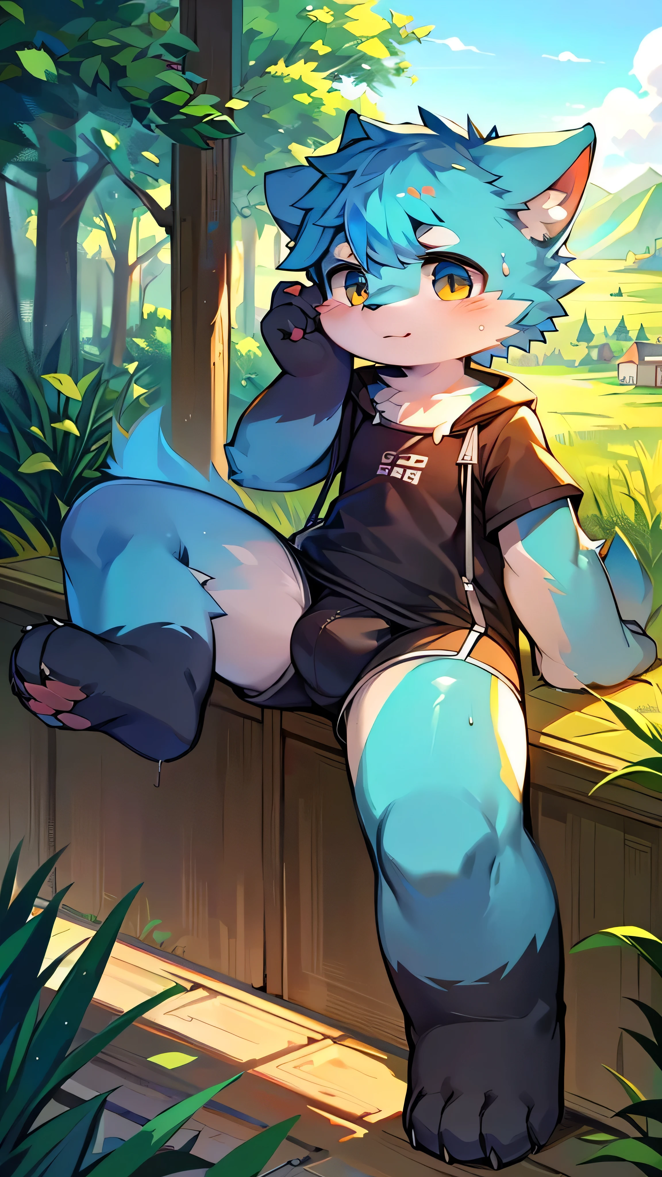 Features,super high quality,Very detailed,High resolution,超High resolution,Detailed Background,countryside,Not very detailed,超High resolution,Horny boy always details,超High resolution,Horny boy(Photos of solo travelers) (kemono,Furry Personification),Fluffy fur,かわいい耳のFeatures,Blue fur,dog,Wear a swimsuit,Black Swimsuit,bright,Shorts,alone