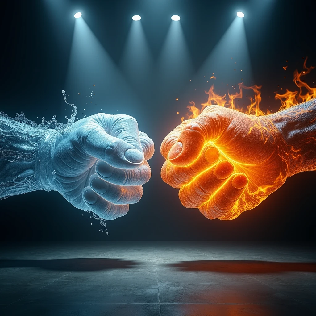 On the left is a giant opaque fist made of ice., On the right is a giant opaque fist made of fire., The fist is floating in the air, movie lights, shining light, Photo focused on fist