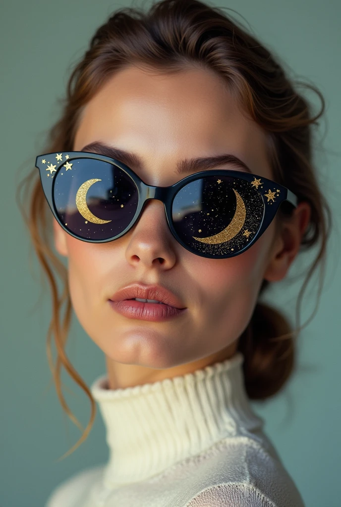 The model is wearing glass sunglasses with stars and the moon on the glass