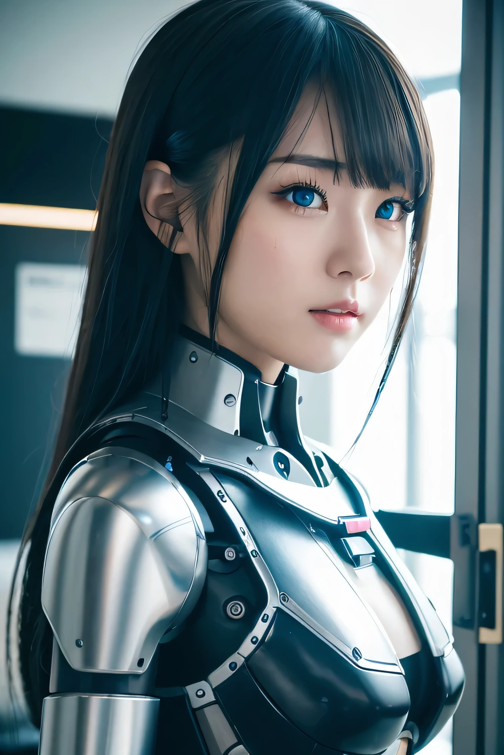 masterpiece, best quality, extremely detailed,  Japaese android girl,Plump , control panels,android,Droid,Mechanical Hand, Robot arms and legs, Black Robot Parts,Black hair,Mechanical body,Blunt bangs,White robotics parts,perfect robot girl,future information counter,reception,long tube,thick cable connected her neck,ceramic body ,mechanical body,mechanical costume,android,robot,humanoid,cyborg,information office,japanese android receptionist ,mechanical chest,blue eyes,office-lady