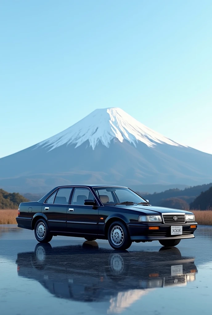 Toyota Corona 1992 black color with a background of Mount Fuji