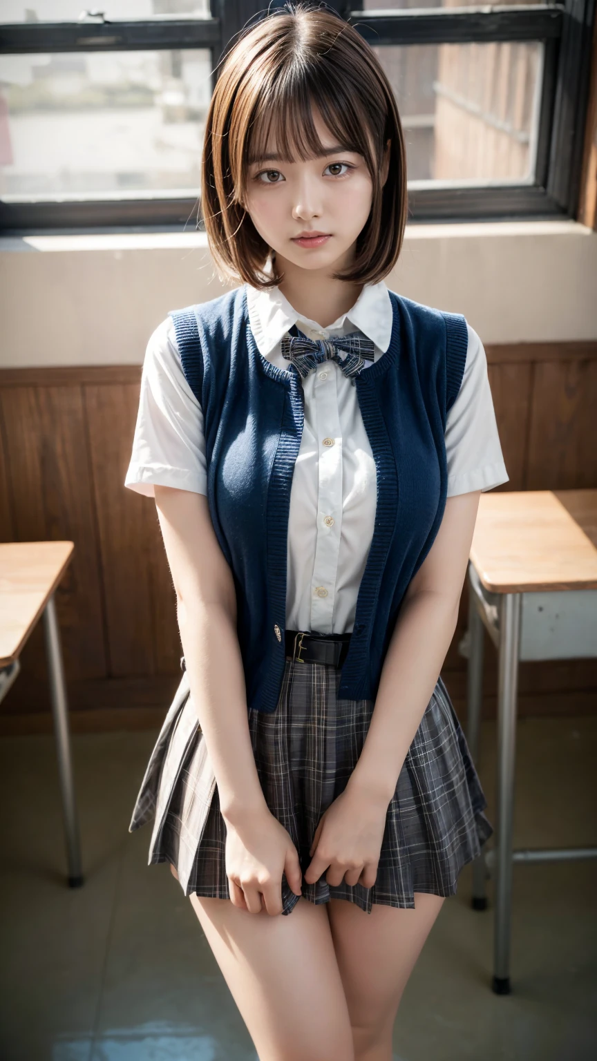 masterpiece, best quality, illustration, Super detailed, fine details, High resolution, 8K,wall paper, perfect dynamic composition,(Details High quality, realistic depiction of eyes:1.3),High School Classroom、High school girl uniform、blazer 、Super Short Check Uniform Skirt、Navy blue high socks、garterbelts、large breasts,short bob hair, black hair color, Big Natural Color Lip, bold sexy pose, crying a little、20 year old girl、cute type、beautiful legs, hposing Gravure Idol