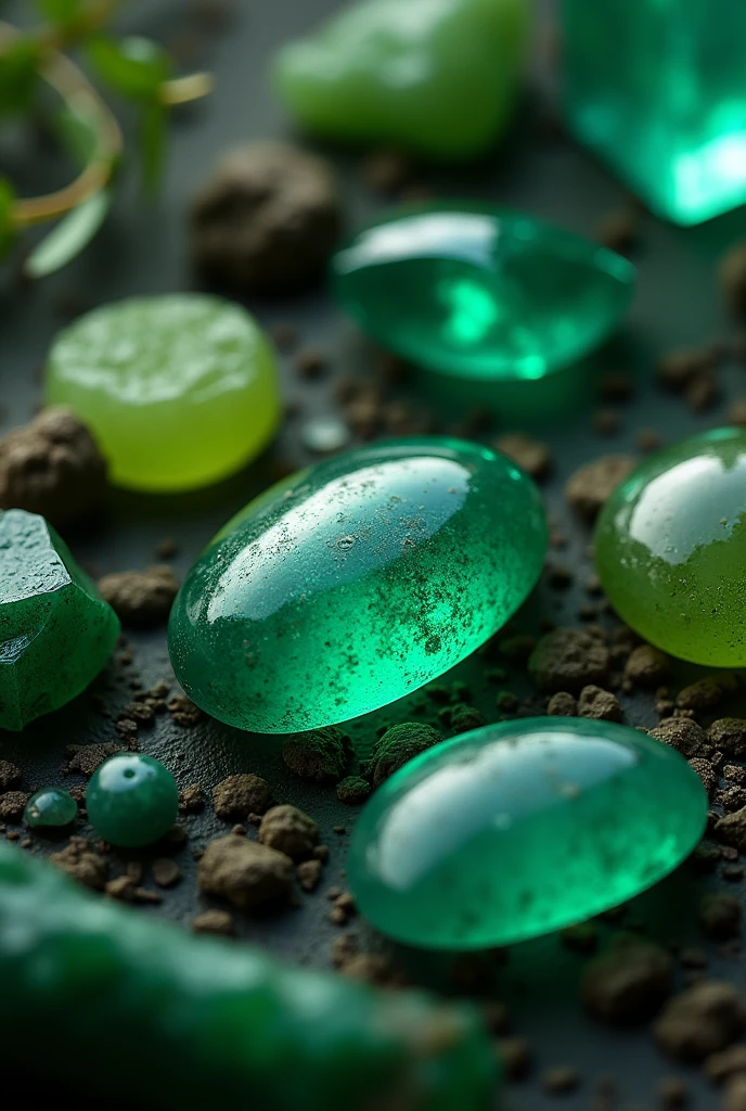 A photo of a collection of green gemstones. There is an emerald cabochon, a green tourmaline, a peridot, a serpentine, a fluorite, and a malachite