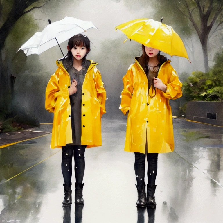 2 girl，Please wear a yellow hooded raincoat，Full body POV，Standing in the heavy rain，Emphasize the texture of a raincoat or gelcoat，Accentuates the translucent texture of the raincoat