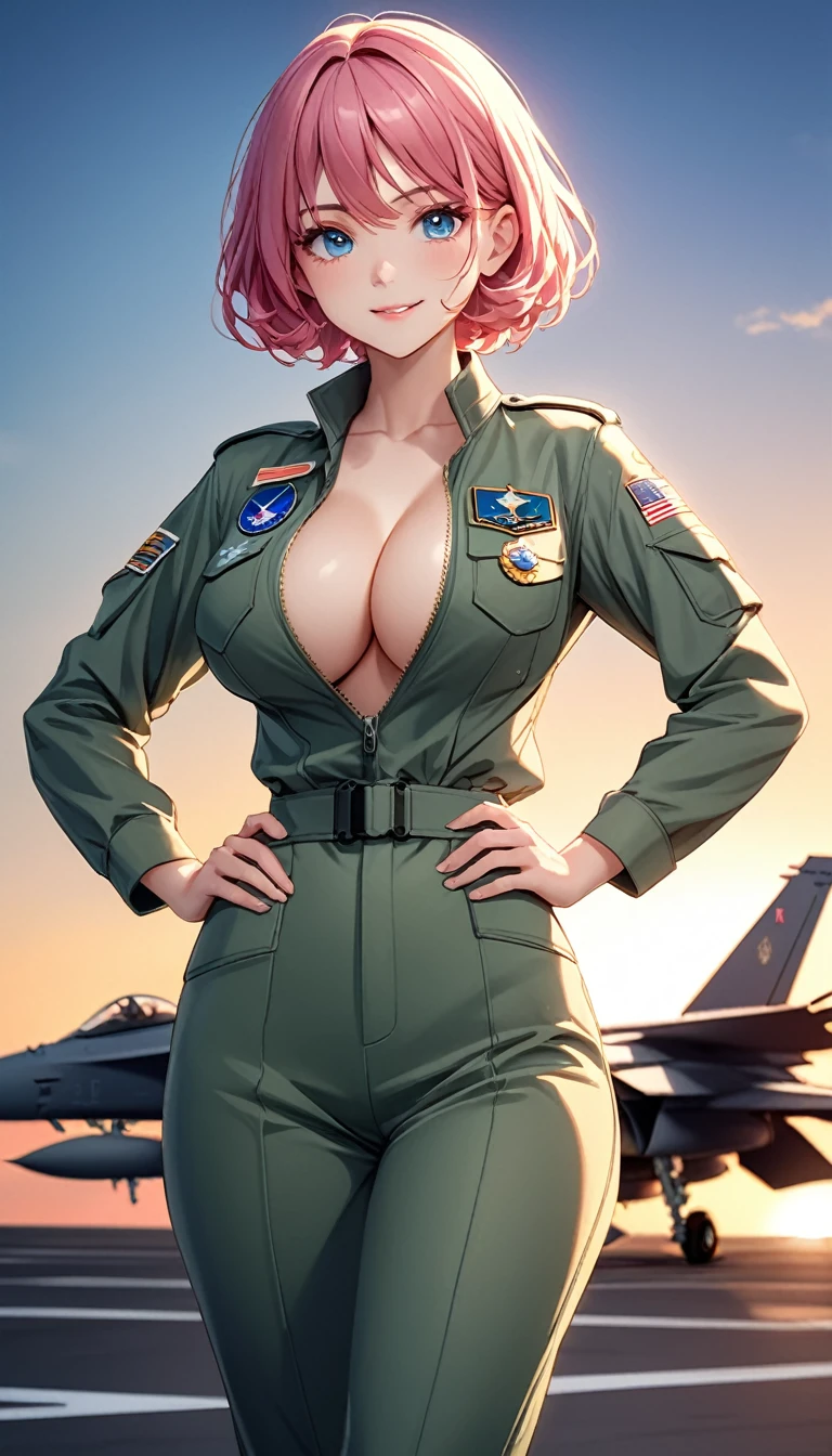 独奏, cowboy shot, hot pink hair, very short hair、a girl、24-years-old、Best Bust、Large Breasts、Cleavage、Beautiful Eyes、Blue Eyes, masterpiece, High resolution、8K quality、Anime Style、Cute face、((Top quality eyes)), Natural smile、Green US Air Force military suit, Natural light, On the aircraft carrier、F-18 military air force base background aircraft, Hands on Hips, Model Pose, Sunset, Lens flare