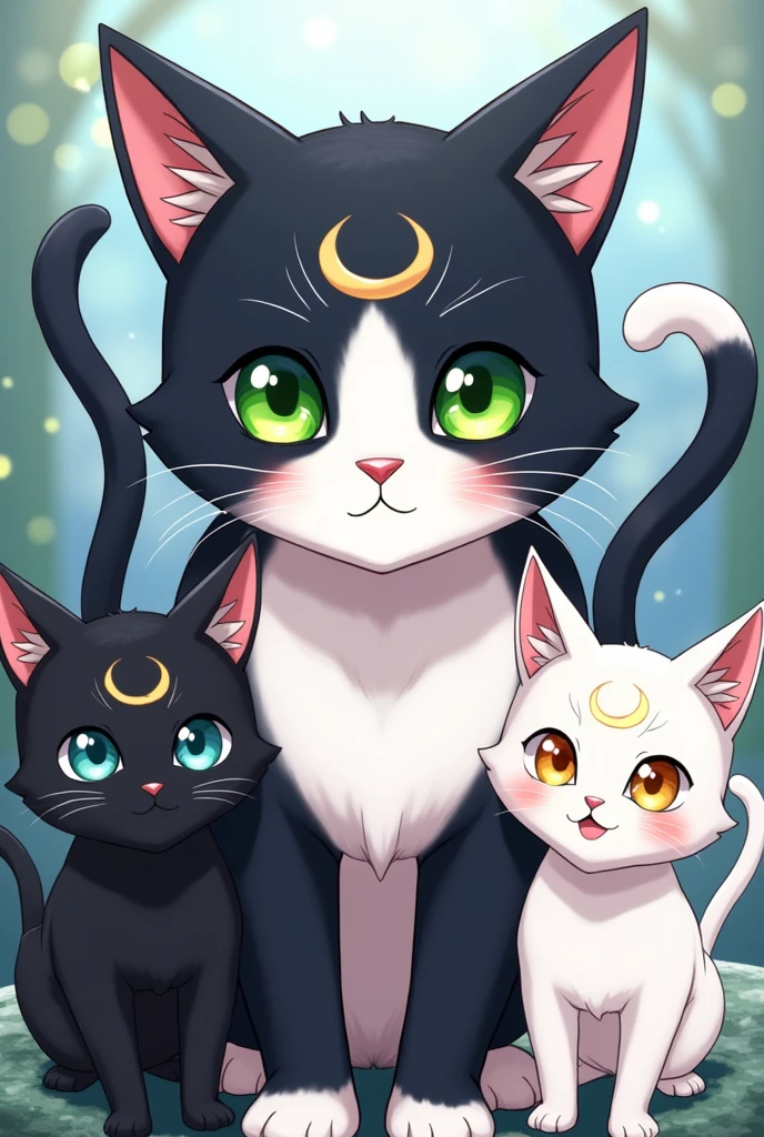 Un chat couleur tuxedo avec le blanc jusqu'entre les yeux aux yeux verts avec une lune sur le front. Avec un chat noir et une lune sur le front et un chat blanc et une lune sur le front. En personnage de sailor moon le manga. 