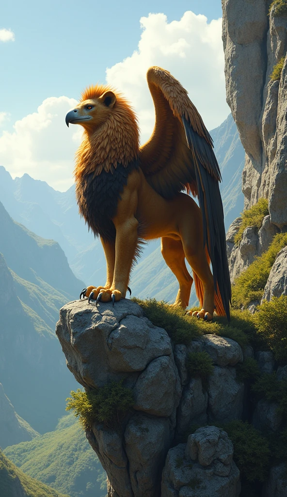 A majestic griffin with the body of a lion and the head and wings of an eagle, standing proudly atop a rocky cliff, overlooking a vast landscape.