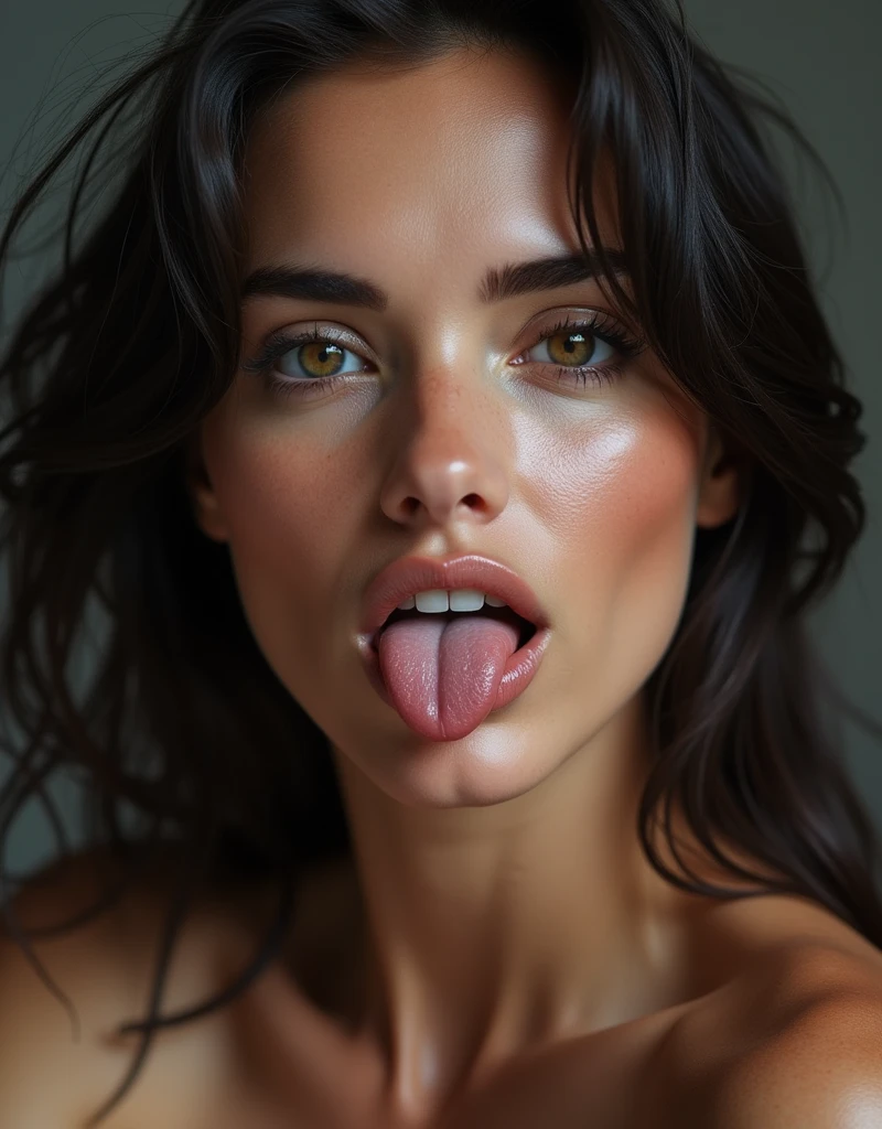 Tabletop,,Award-winning photo, Very detailed, Sharp focus on the eyes, Nose and mouth,Face Focus, European sexy Woman with open mouth and closed eyes, blue camisole、Age 35,Black-haired、Symmetrical face,Realistic nostrils、Angle from below,,Sweaty skin、Lighting that highlights sweaty skin、((Nose hook))Skin shiny with sweat、Glowing Skin、Sweaty hair,Beautiful European actresses,smile,(Super wet skin)((Super Steam))((ahegao,,Sticking out tongue,Long Tongue,))((Realistic eyelashes with attention to detail))((ahegao, Drooling, traces of saliva, Long Tongue, Face to face, Textured skin, Anatomically correct, Ultra-high resolution,))Thick tongue,Realistic moist skin