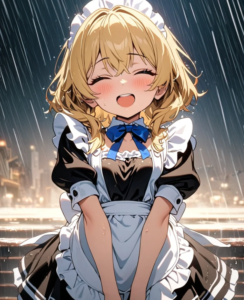 (8k, super high quality, masterpiece), (detailed), One Woman, Small breasts, blonde, cute, A little longer, Blue ribbon, Apron dress, black and white maid outfit, gilded accents, Fantasy, heavy rain, typhoon, soaked, Date, Childlike, The best smile, Mouth is open, Eyes closed, Embarrassing, 