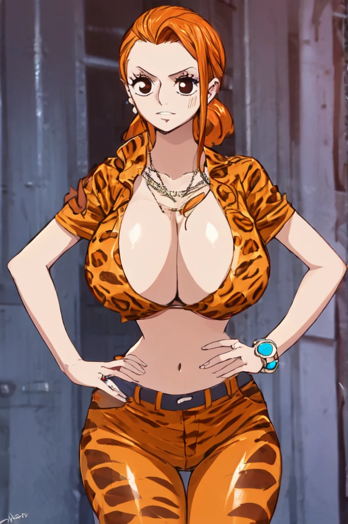 Nami,One piece,slicked high Top knot bun hairstyle,Big breast,vertical earring,((Thin orange leopard print tight short sleeve shirt with cleavage)),open navel,Lowrise blue jeans ,diamond Wedding ring,Orange hair,Absalom wife,Necklace,Hoop bracelet,Long nail,Wide hips,gaze in viewer,Fullbody view,Solo,half eyes expression,Spouty lips,Mature,needy gesture,glossy light Tanned skin,light blush,soft expression,Skindentation,Mature,Lipstic,eyeshadow,1hand in hip