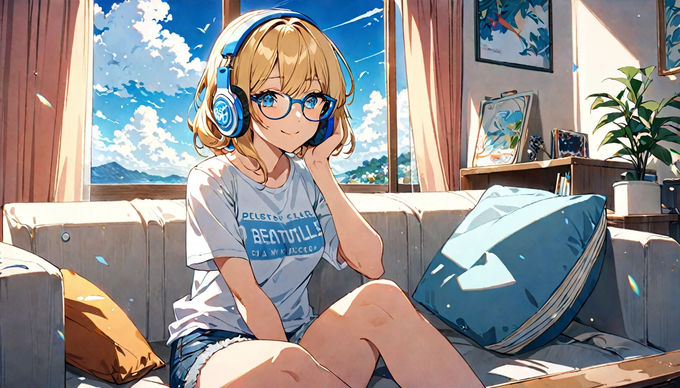 (Blonde and bespectacled woman)、(Listening to background music with headphones in a bedroom with a beautiful view of the blue sky)、（sitting on the sofa drinking coffee）、(Extremely detailed、masterpiece、Highest quality、bright)、(Anime Style)
background：A gentle breeze rustles the curtains in this room：Calm eyes closed、look at the blue sky、Relaxed facial expression：On a T-shirt、Denim shorts、：Sitting cross-legged、Listening to music through headphones、Pleasant background music plays
