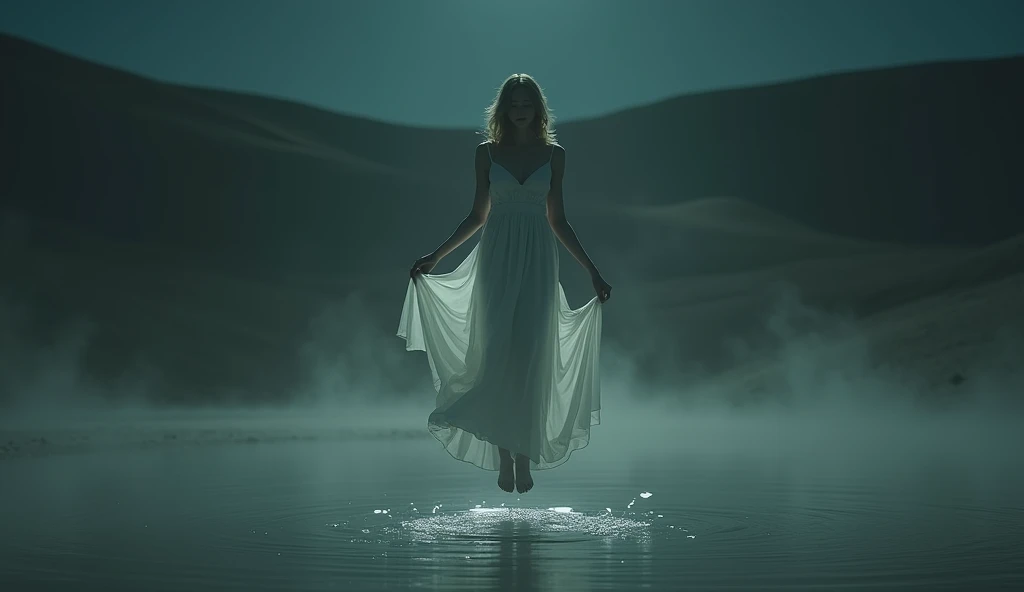 Woman standing in water holding a sheet。, 彼女は空中にfloating, inspired Brooke Shaden, dream-like、Mysterious、And dark, Mysterious frame, At night, floating, Brooke Shaden, 砂漠のAt night浮かぶ, Rise from the ground, Wearing a loose white dress, Mysterious and otherworldly