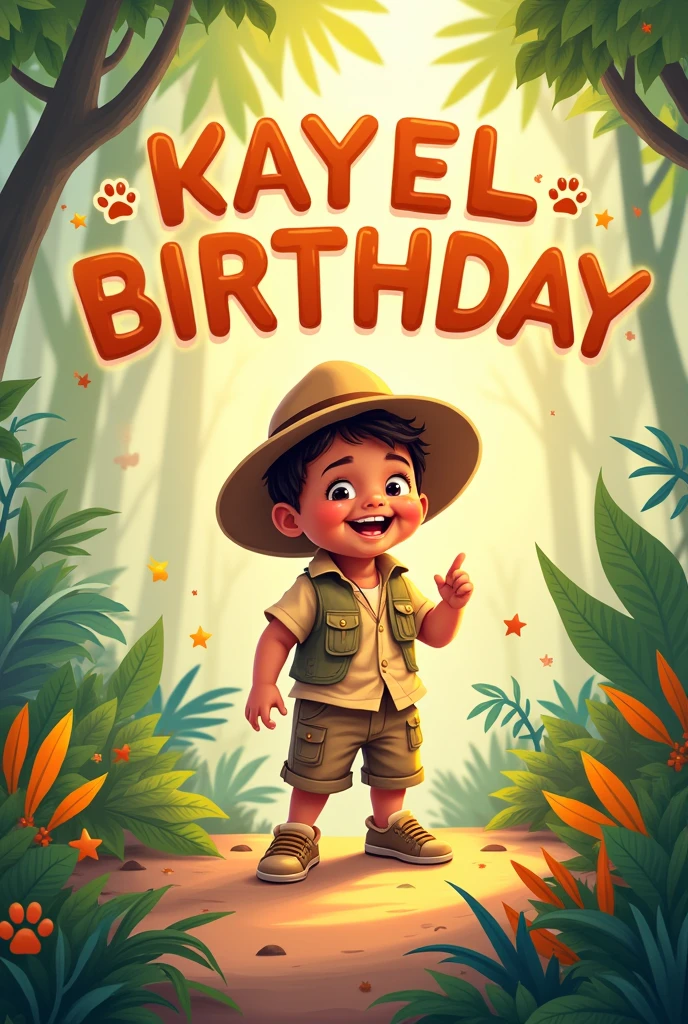 Make me a name art "Kayel Wayne's 2nd Birthday" safari theme with ??? make the text up