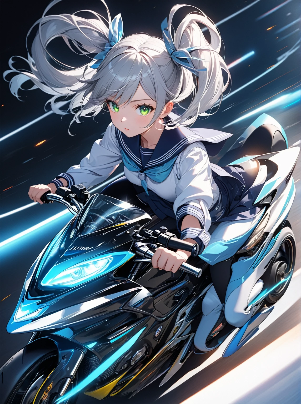 Ultra high resolution, rich colors, perfect image, best quality, detailed image, beautiful single woman, glowing skin, skin and clothing texture, delicate eyes, futuristic bike, driving, drifting, sailor uniform, silver hair twin tails, green eyes