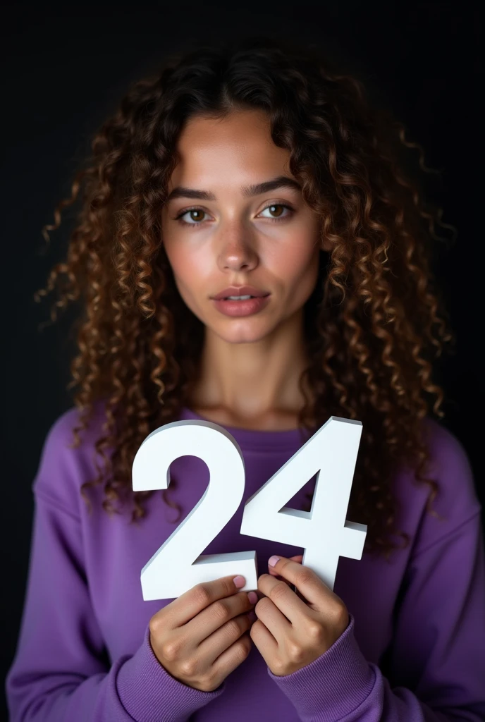 naughty pretentious sexy fashionable girl with her face straight at the viewer, professional, portrait photography, studio light from above and backlight from behind the head, cutie, holds in his hands three-dimensional white numbers 24 made of matte plastic, very detailed, beautiful detailed face, curly hair, beautiful eyes, --Detailing, whole body, a lot of femininity, purple sweatshirt, Tempting, Dazzling, Black background
