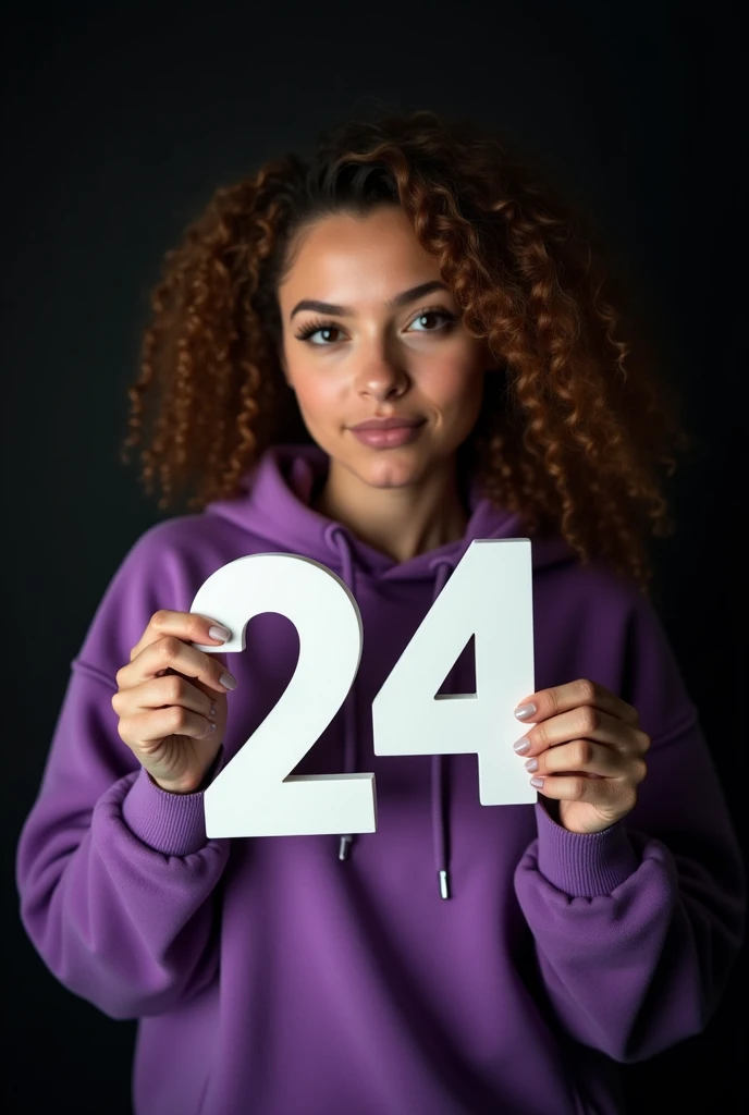 naughty pretentious sexy fashionable girl with her face straight at the viewer, professional, portrait photography, studio light from above and backlight from behind the head, cutie, holds in his hands three-dimensional white numbers 24 made of matte plastic, very detailed, beautiful detailed face, curly hair, beautiful eyes, --Detailing, whole body, a lot of femininity, purple sweatshirt, Tempting, Dazzling, Black background