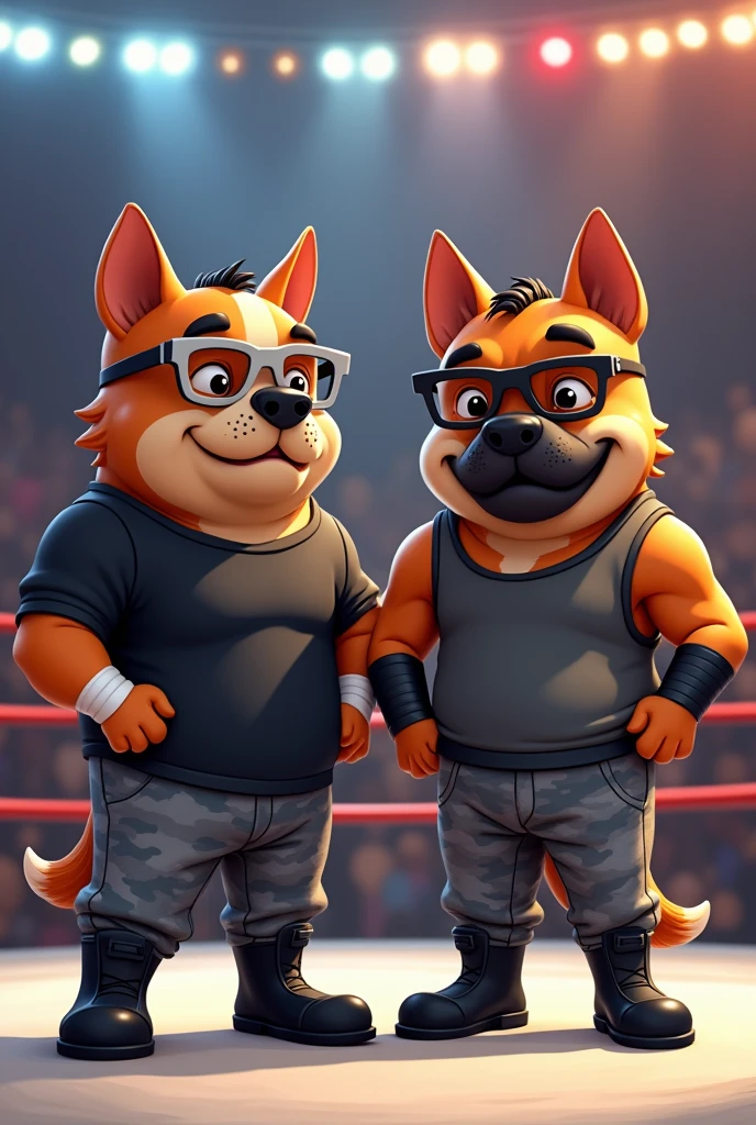 Two cartoon dogs dressed like wrestling tag-team Champions the Dudley Brothers.
Both have nerd glasses with white tape in the middle. Both also have black tape on wrist. And Both are pudgy.
One is wearing a black T-shirt, grey camouflage pants, and black wrestling boots. Also has short black hair.
The other it wearing a sleeveless grey camouflage shirt with a black T-shirt underneath, and wearing grey camouflage pants. Also wearing black wrestling boots. This one has short black hair and a short black beard.
Both standing in a wrestling ring.
