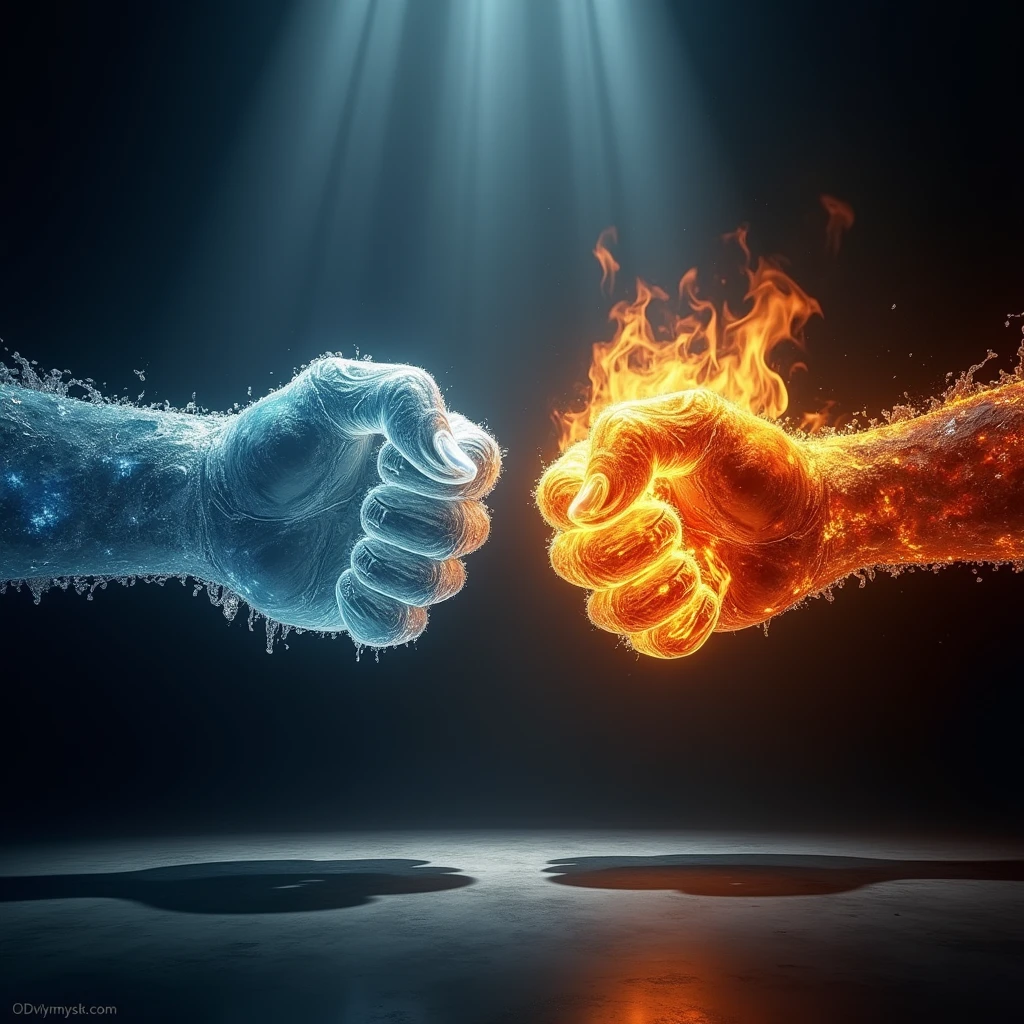 On the left is a giant opaque fist made of ice., On the right is a giant opaque fist made of fire., The fist is floating in the air, movie lights, shining light, Photo focused on fist