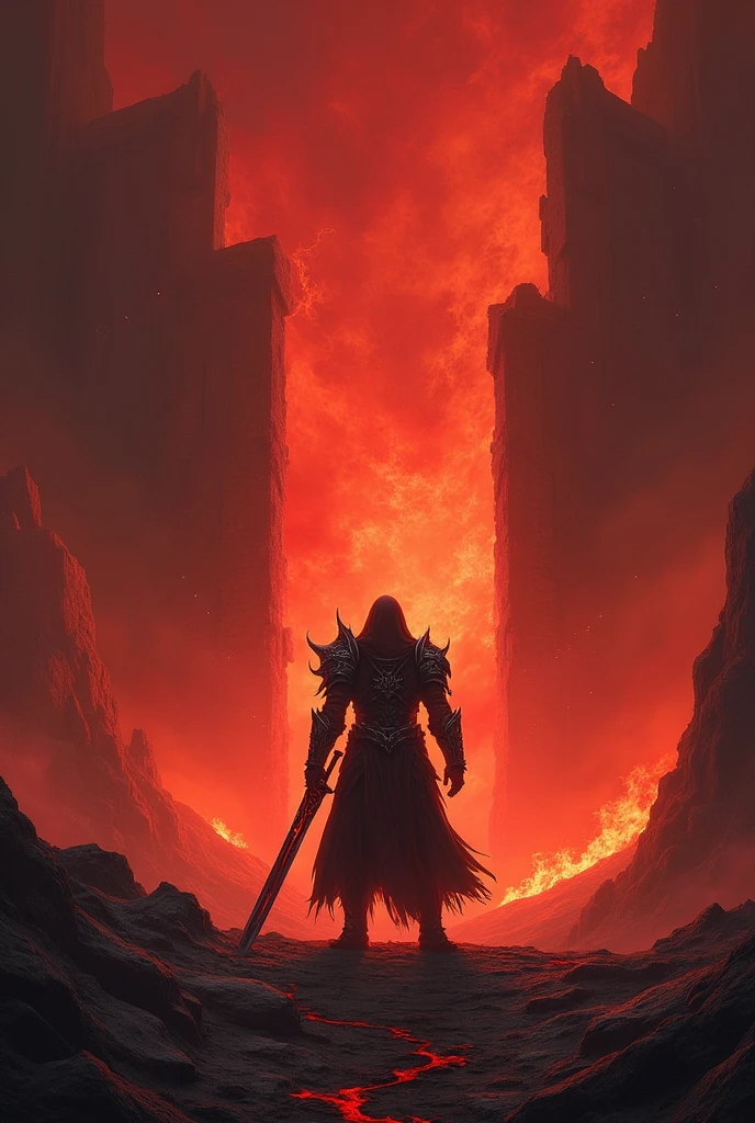 a person that is standing in front of a fire, concept art by Yang J, Artstation contest winner, fantasy art, diablo digital concept art, the final battle in hell, the gate to hell