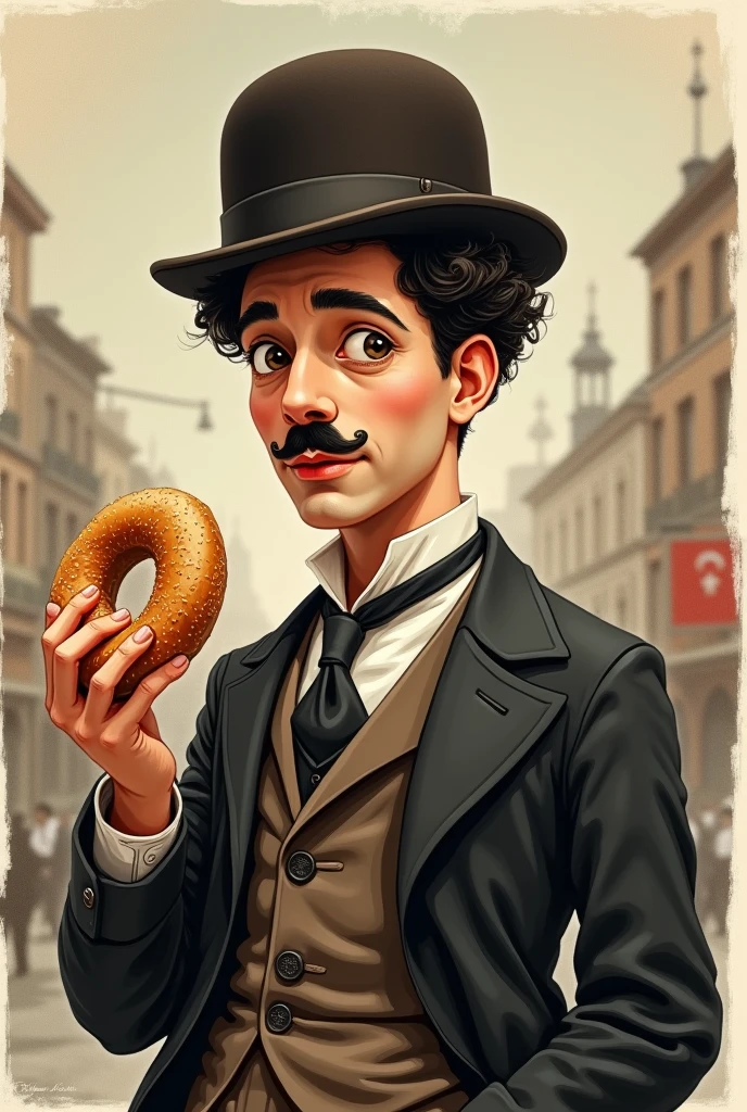 Charlie Chaplin portrait
illustration with a real simit in her hand