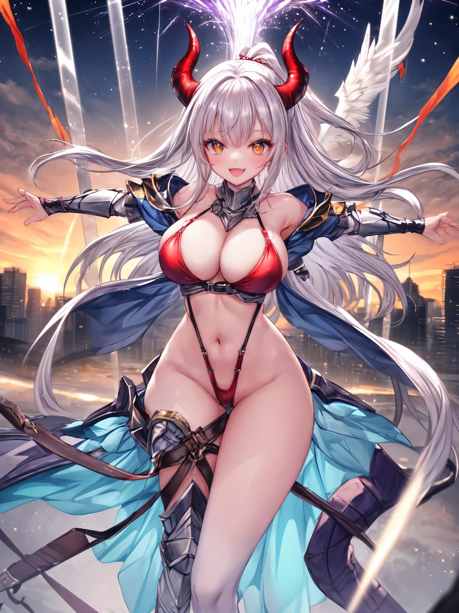 fantasy, 1devil_girl, low_, platina_blond_hair,long_bangs, bare_shoulder, navel out, thighhighs,silver_armor, red_Bikini,waist_armor, Glebe, hold_swords, large_tits, dynamic_floating_pose,Floating,(pelvic_curtain:1.3), silver_Headgear ,looking_down_at_sunrise_city_sky_background,,slightly_spread_legs,solo,horn ,smile,,open_legs,open_arms,rise_knee,rise_leg,rise_thigh,rise_leg,apart_legs,fang,Shiny_gold_eyes,crotch