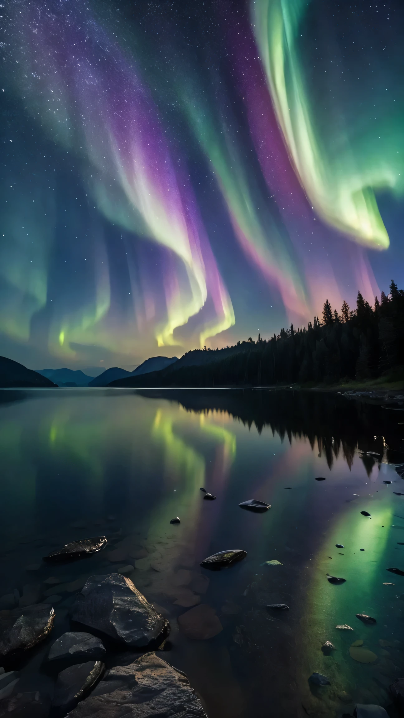 8k、high resolution、photograph、Night Sky、Aurora、shooting star、Fantasy、