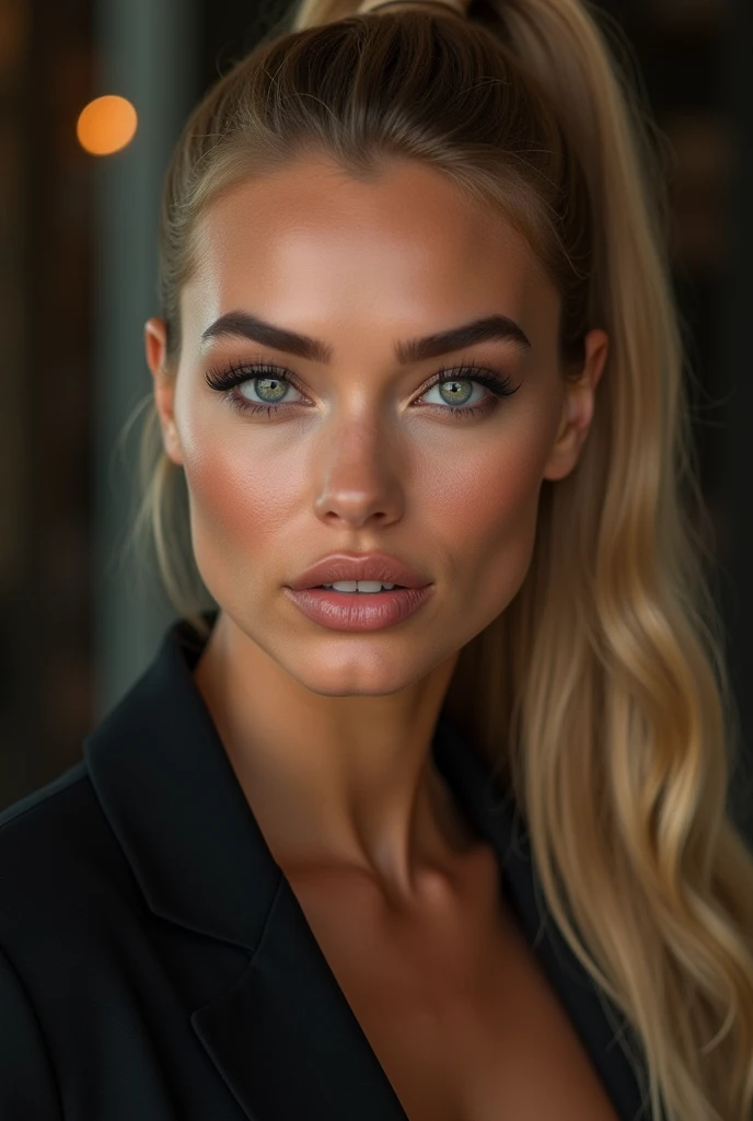 a very realistic and detailed close up portrait of beautiful french woman, black skirt, perfect makeup, long sleek straight ponytail blonde hair, high quality, photorealistic, 8k, luxury, elegant, sophisticated, confident, studio lighting, cinematic, piercing eyes, full lips, sharp focus, olive skin