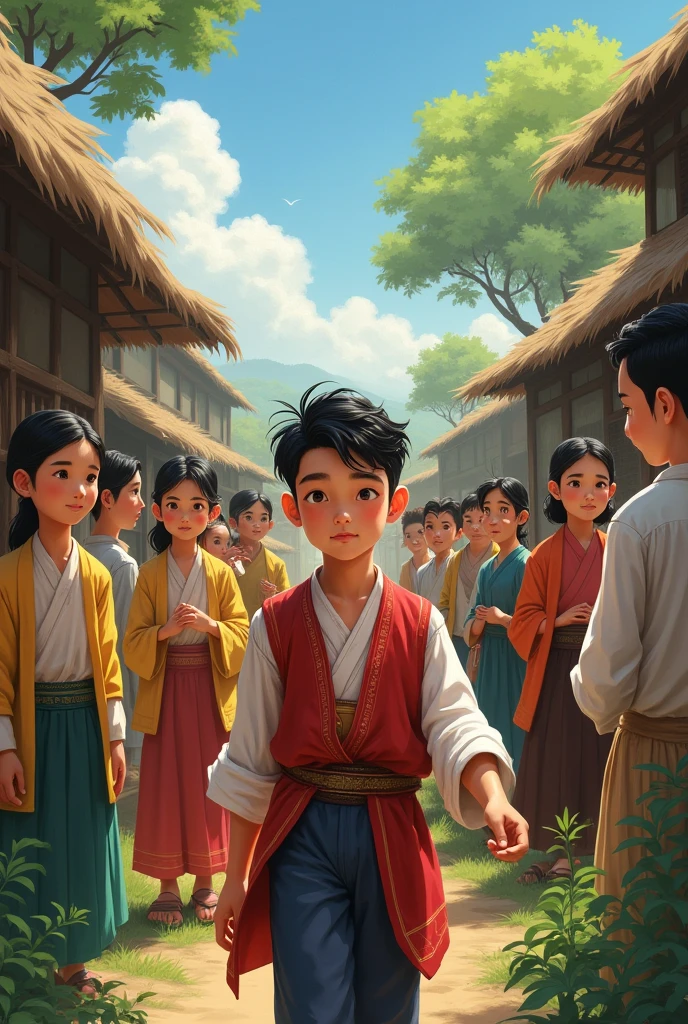 A poor boy from Dai Viet went to the capital to take the exam., The villagers happily said goodbye.