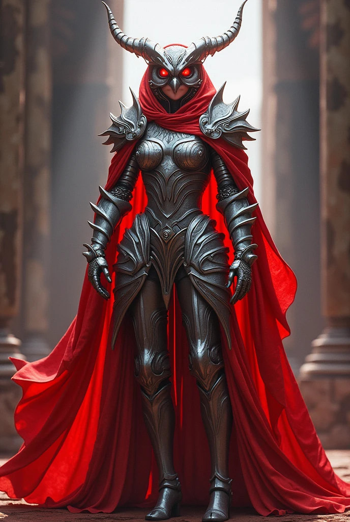 A captivating art piece by Bw-grignani, featuring a bold, intricate, and highly detailed silver and red-themed humanoid owl knight. The knightess is illuminated from behind, casting a radiant glow on his shiny armor and ethereal appearance. creating a dynamic and action-packed scene. The overall atmosphere of the artwork is polished, with the knightess's pose conveying a sense of strength and determination. Inspired by the Hellgate London theme, this art is presented in maximum resolution, emphasizing the intricate details and vibrant colors., epic, cinematic, NO TEXT, NO LOGO, full body