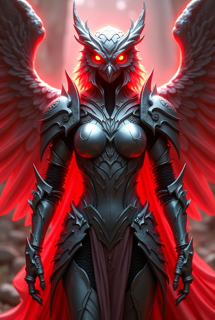 A captivating art piece by Bw-grignani, featuring a bold, intricate, and highly detailed silver and red-themed humanoid owl knight. The knightess is illuminated from behind, casting a radiant glow on his shiny armor and ethereal appearance. creating a dynamic and action-packed scene. The overall atmosphere of the artwork is polished, with the knightess's pose conveying a sense of strength and determination. Inspired by the Hellgate London theme, this art is presented in maximum resolution, emphasizing the intricate details and vibrant colors., epic, cinematic, NO TEXT, NO LOGO, full body