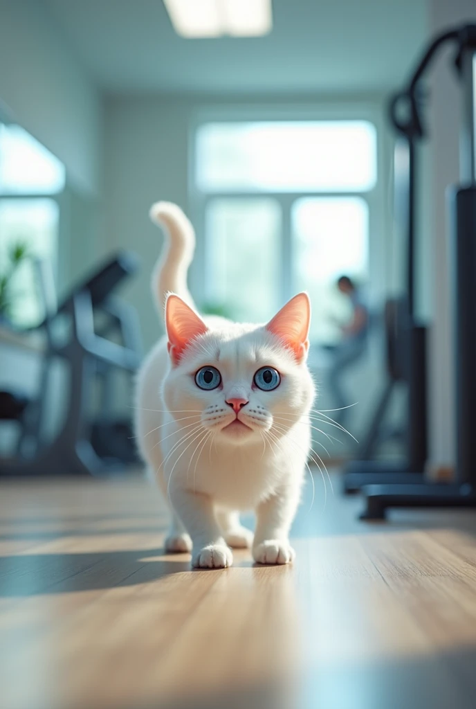 A very thin white cat go to gym
