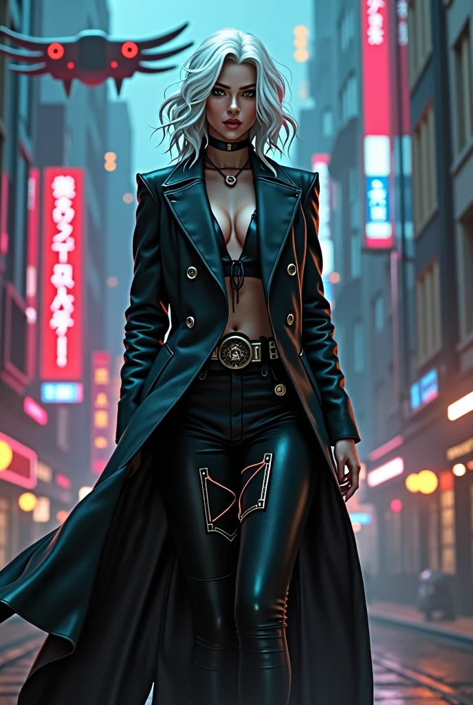 A white-haired woman, in a cyberpunk world. with the compensated body and dressed as a mobster 

