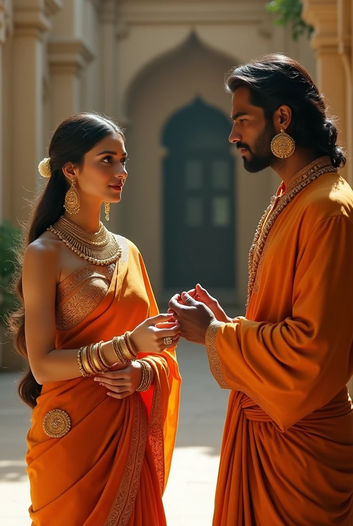 One lady with fully dressed beautiful face and she weared saree and she has golden ornaments on her body ,she gives her big golden earrings to other person with a far distance between them looks like a men with good body and personality,he weared orange cloths on his body