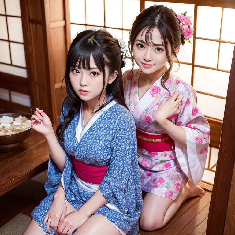 Highest quality、masterpiece、Ultra-high resolution、Beautiful girl、Cute girl face、hot spring、Wear a yukata、Full Body Lesbian、Famous Japanese actresses、Very beautiful face、chest
